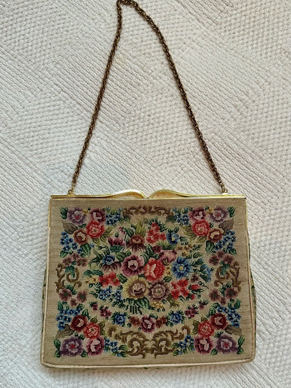 Vintage Floral Petit Point Tapestry Shoulder Bag in Multicolor